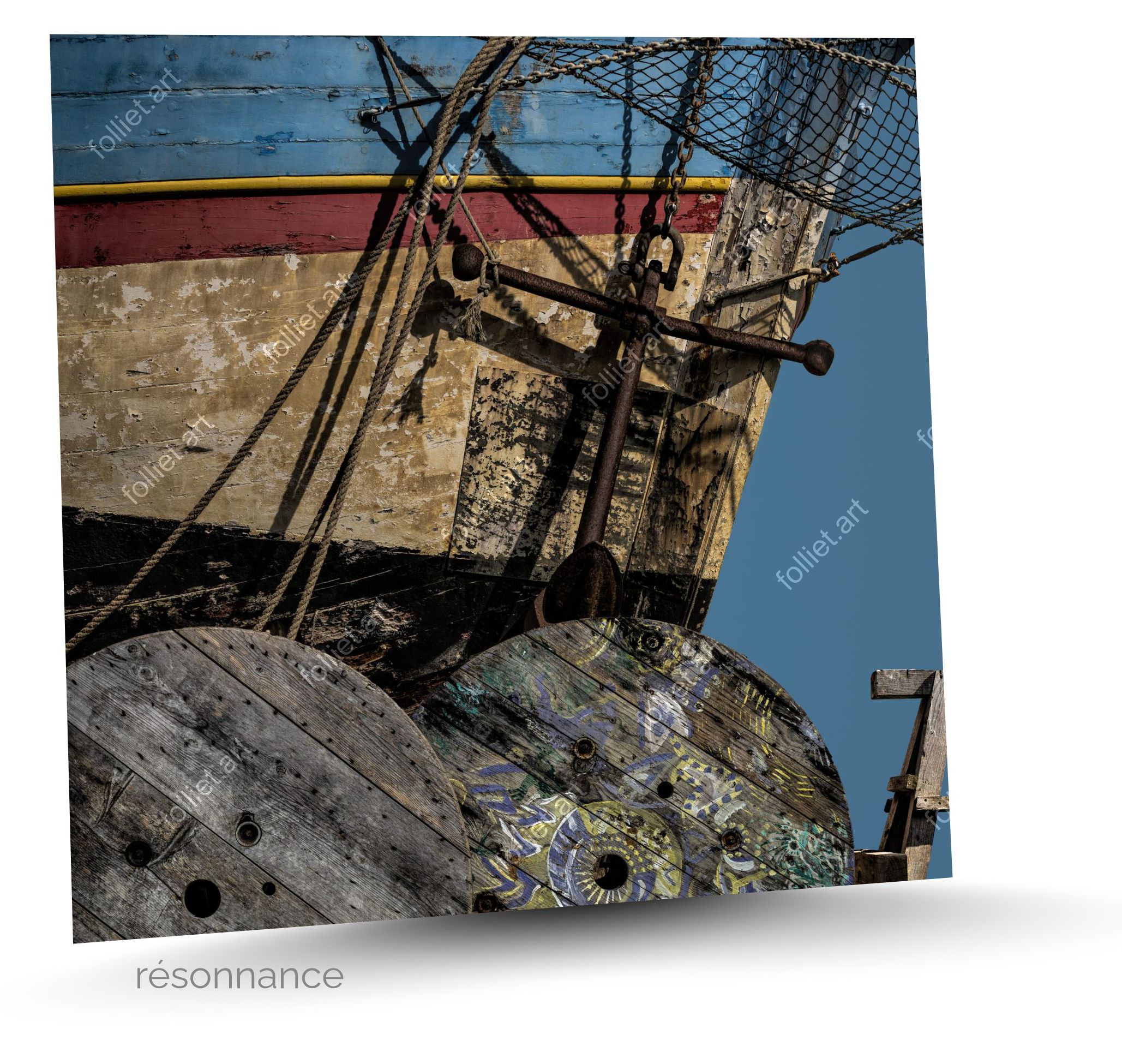 Rustic fishing boat with tagged wooden cable coils - FOLLIET signed art photography