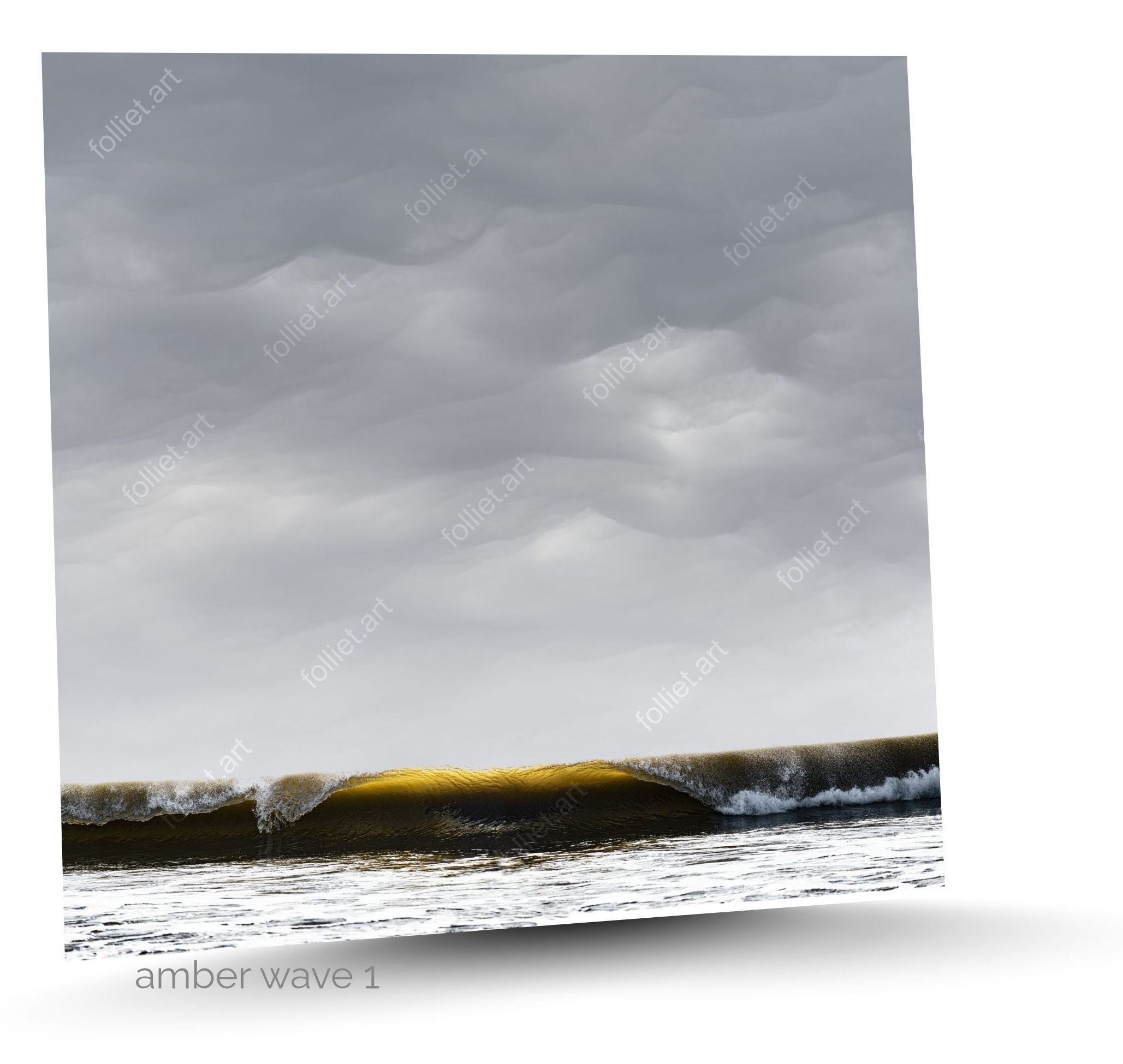 Golden wave of the Atlantic Ocean under a cloudy gray sky - Folliet signed art photography