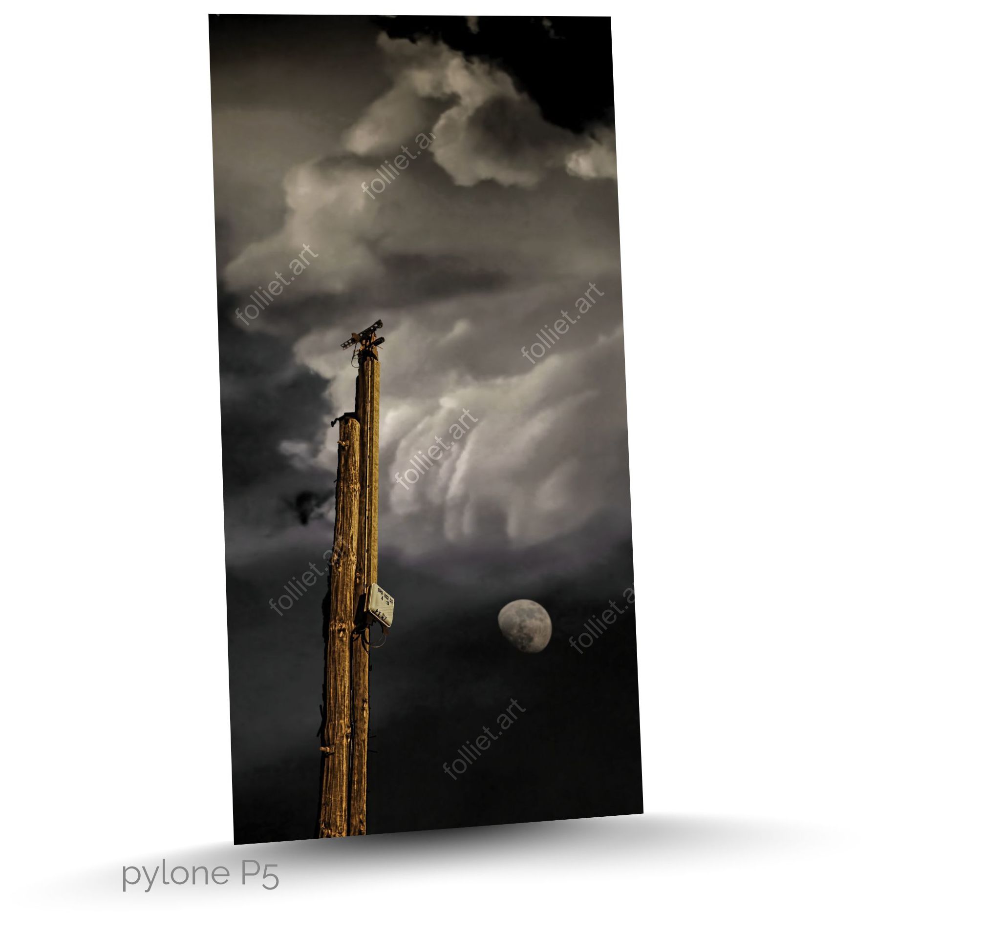 Moon and Threatening Clouds with Abandoned Wooden Power Pole - Fine Art Photography by Folliet