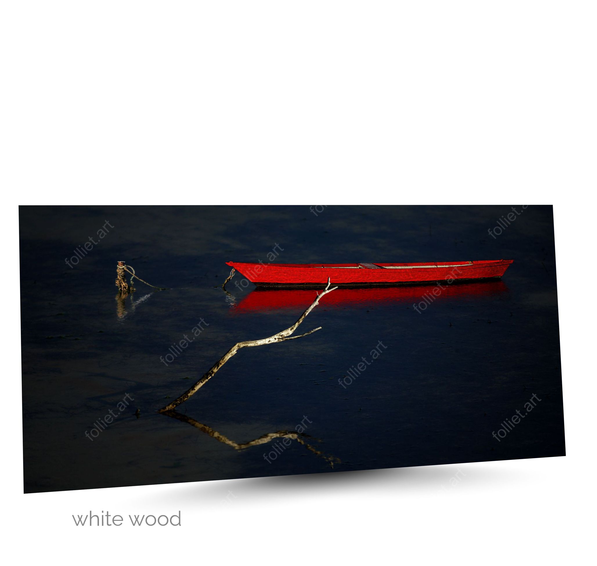 Red wooden boat and branch on a stretch of calm water with twilight - art photography signed FOLLIET