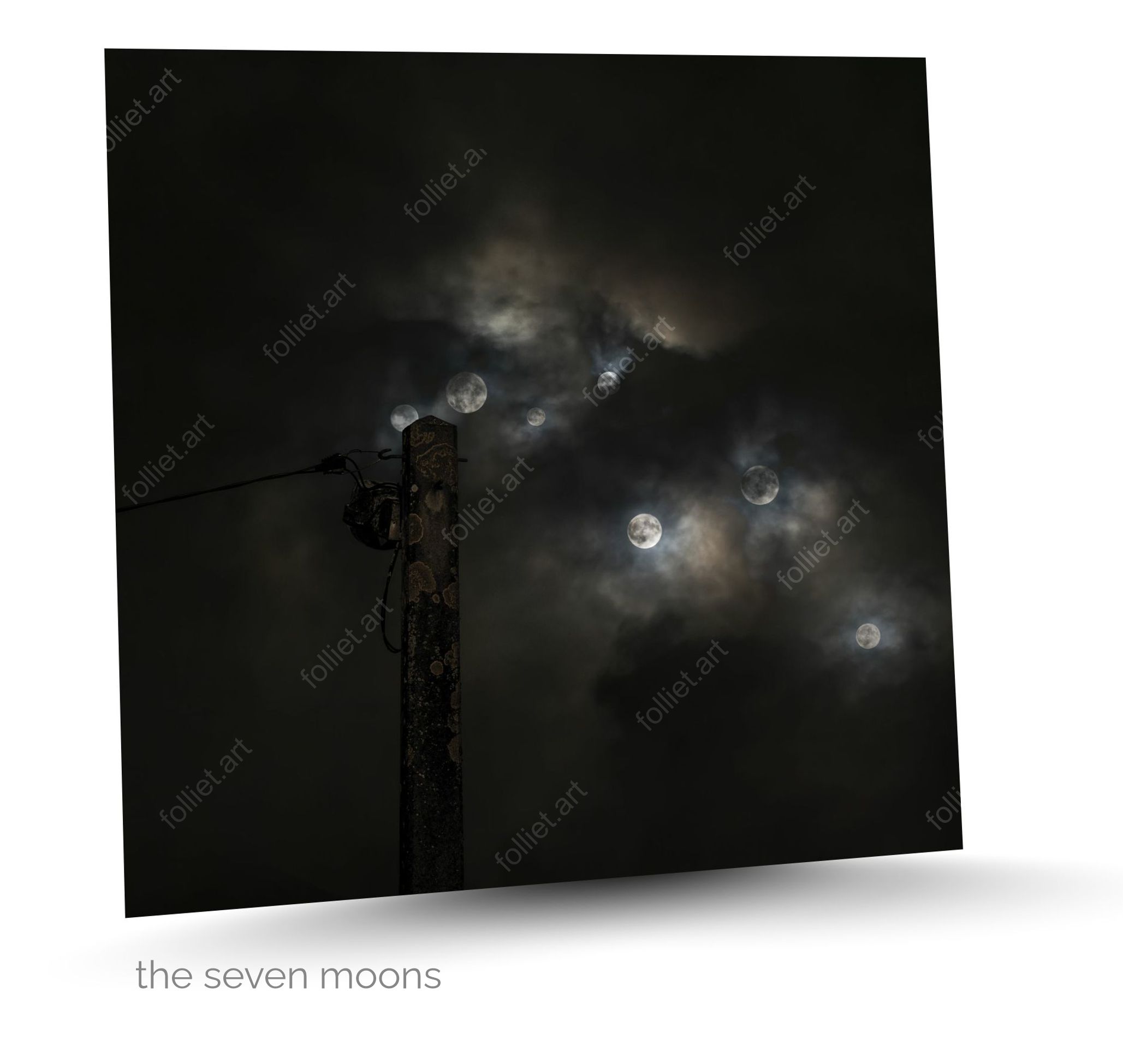 Mysterious Night Scene with Seven Full Moons and a Power Pole - Art Photography by Folliet