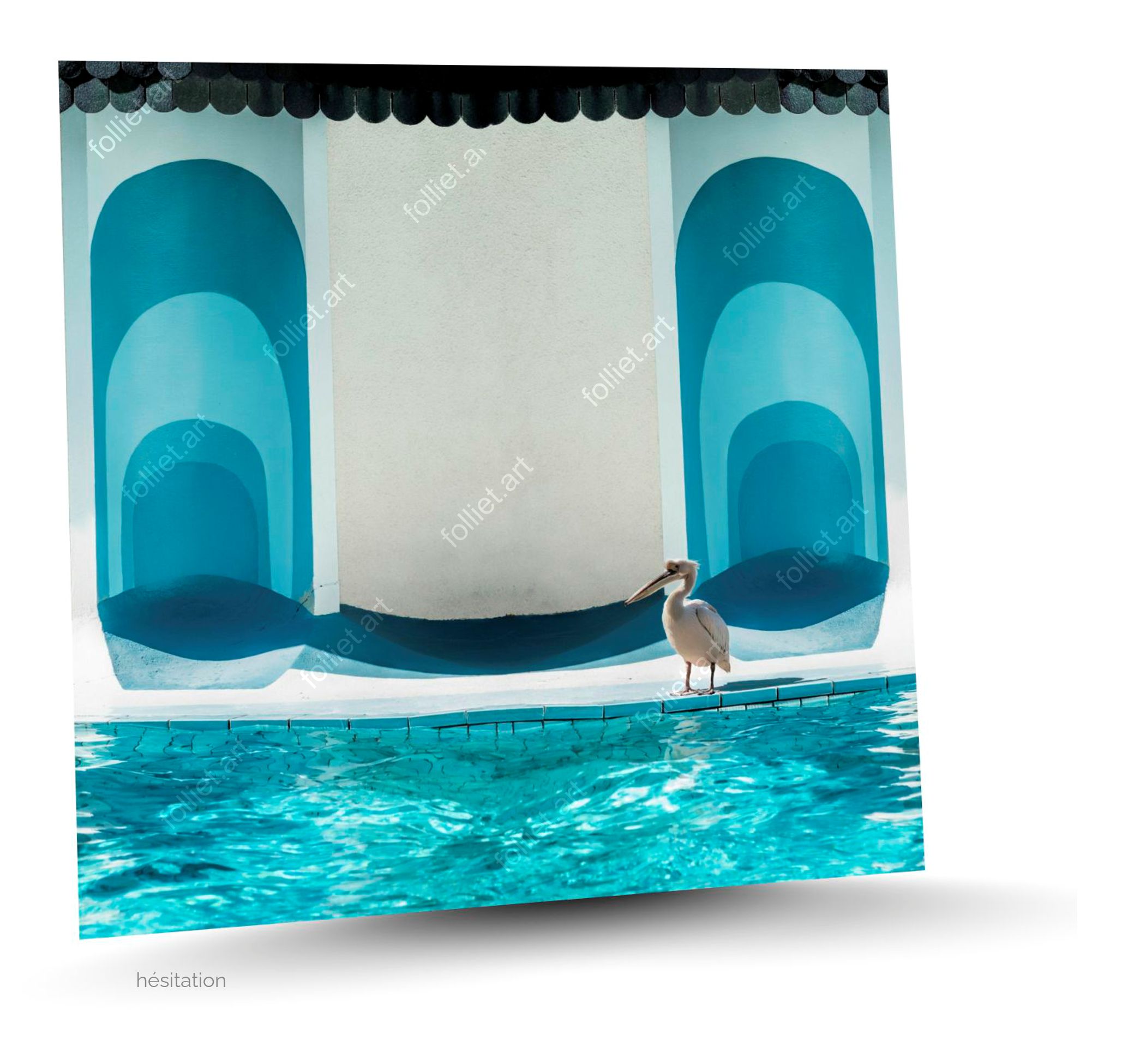 Pélican élégant près d'une piscine paisible, fond architectural vibrant – photographie d'art signée Folliet